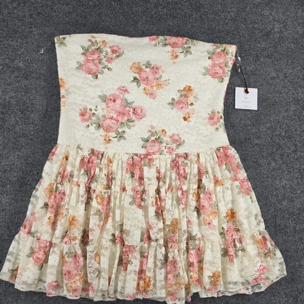 Originality Womens Strapless Mini Dress Size XL Ivory Pink Floral Lace Tiered